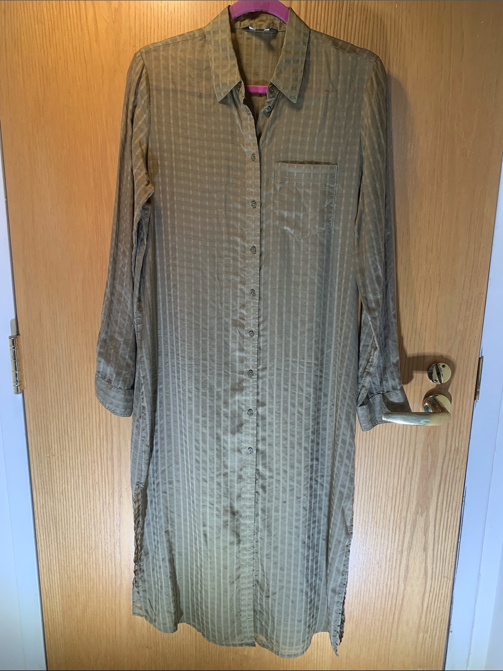 Express Lightweight Button- Front Shirt Dress in Olive Stripe - Size S/P